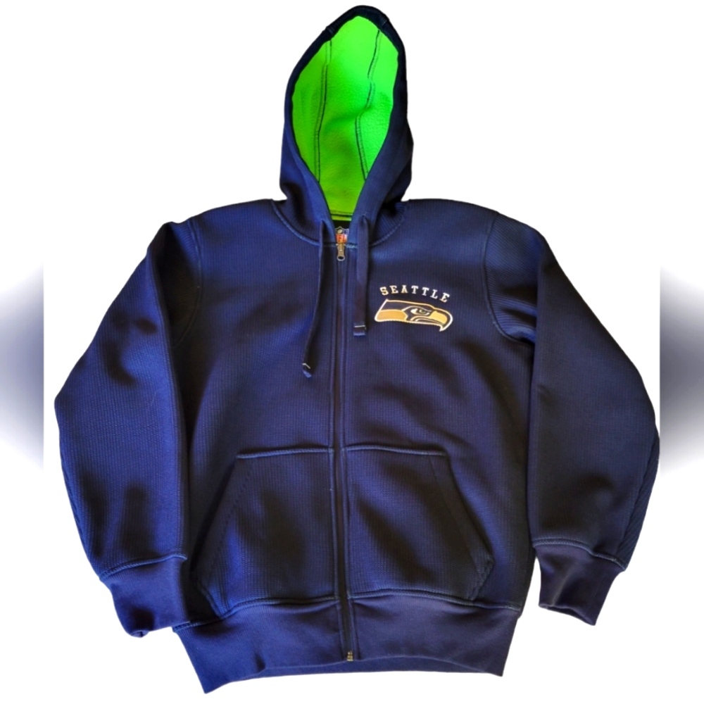 NFL Seattle Seahawks Waffle Knit Sherpa Lined Full Zip Hoodie Embroidered Logo